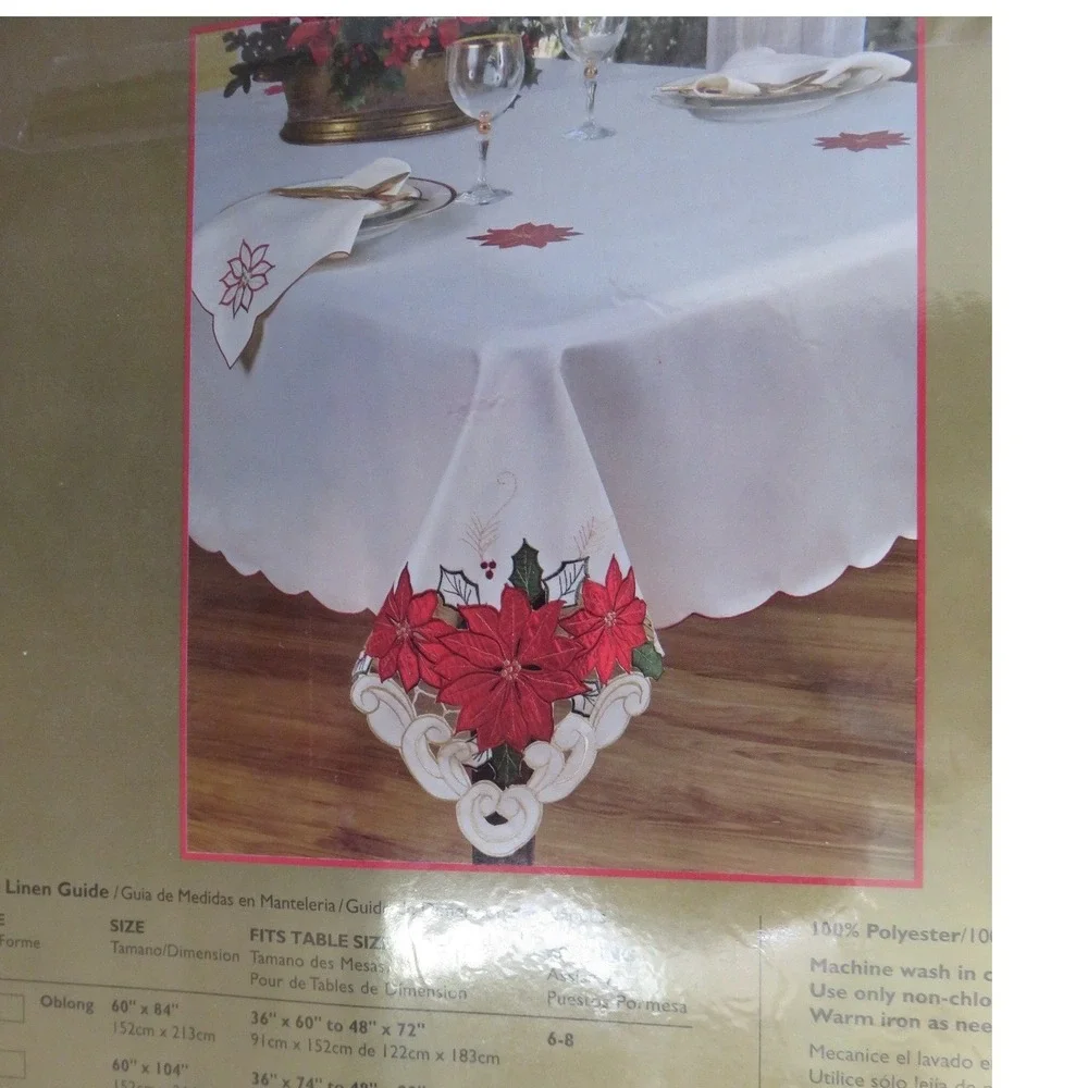 Home Wear Holiday Cutwork Poinsettia Trio Tablecloth‎ 60x84 Oblong Ivory Red NEW